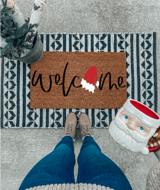 Welcome Santa Hat Doormat | Christmas Decor | Seasonal Winter | Christmas Gift | Welcome Doormat | Porch Decor