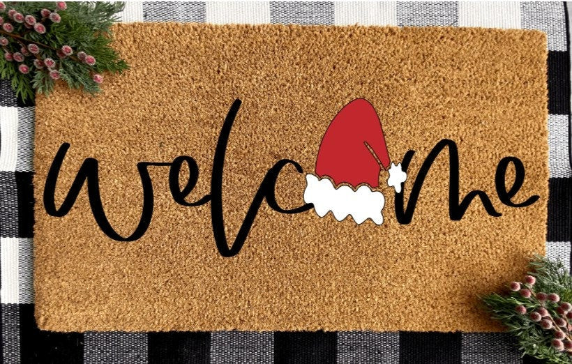 Welcome Santa Hat Doormat | Christmas Decor | Seasonal Winter | Christmas Gift | Welcome Doormat | Porch Decor