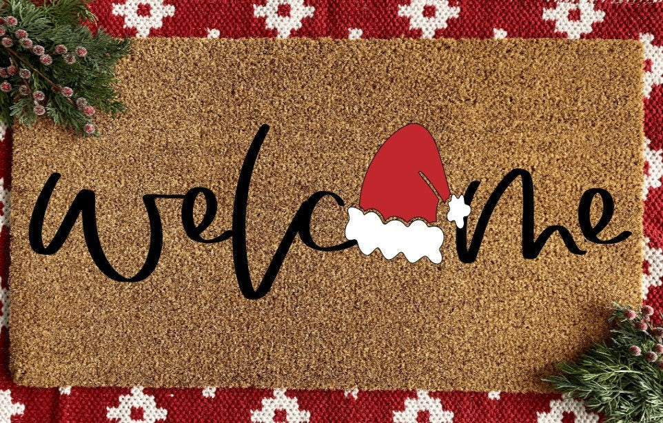 Welcome Santa Hat Doormat | Christmas Decor | Seasonal Winter | Christmas Gift | Welcome Doormat | Porch Decor