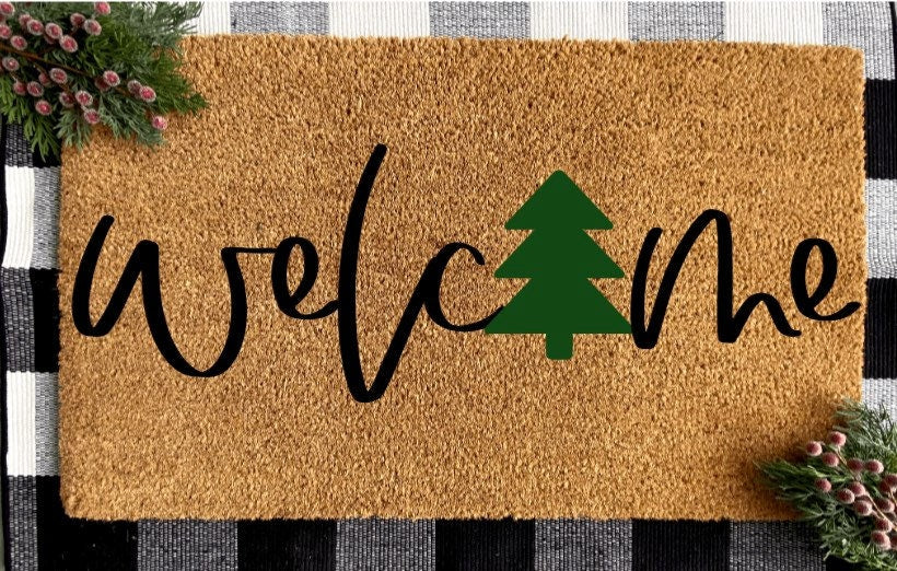 Welcome Christmas Tree Doormat | Happy Holidays Decor | Gift | Seasonal Decor | Winter | Christmas Decor | Porch Decor